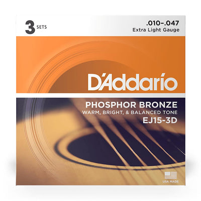 D'Addario - EJ15-3D - 3 Pack Phosphor Bronze Extra Light 10-47 - Acoustic Guitar Strings