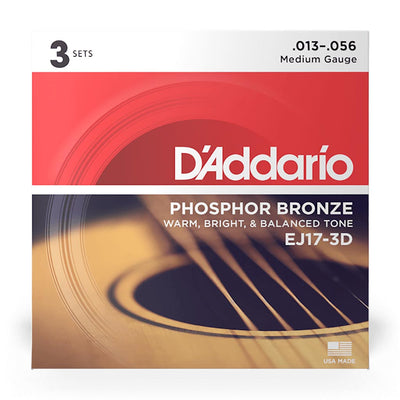 D'Addario - EJ17-3D - 3 Pack Phosphor Bronze Medium 13-56 - Acoustic Guitar Strings