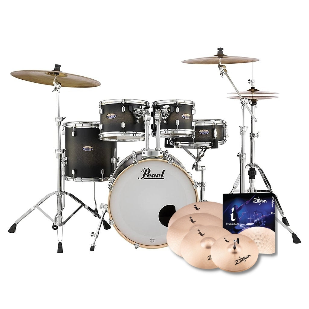 Pearl Decade Maple 5-Piece Drum Kit Package with Zildjian Cymbals & Hardware - Satin Black Burst - FREE 14" I Series crash (ZILH14C)