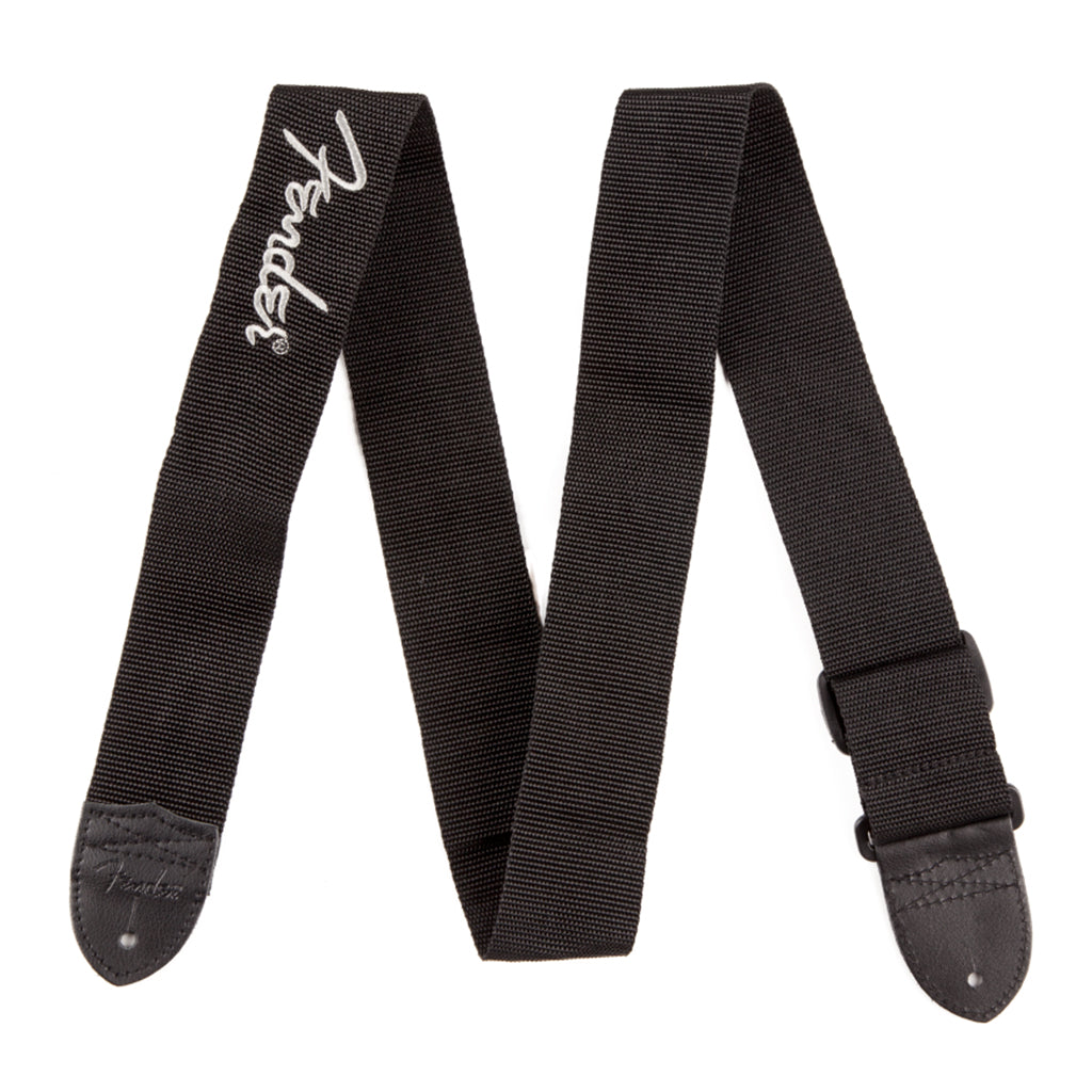 Fender 2 Black Poly Strap w Grey Fender Logo