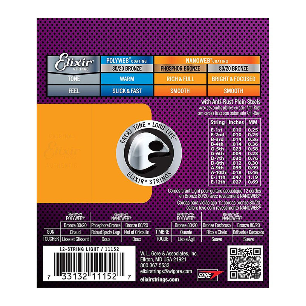 Elixir 11152 - Nanoweb 80/20 Bronze Light 10-47 - 12-String Acoustic Guitar Strings