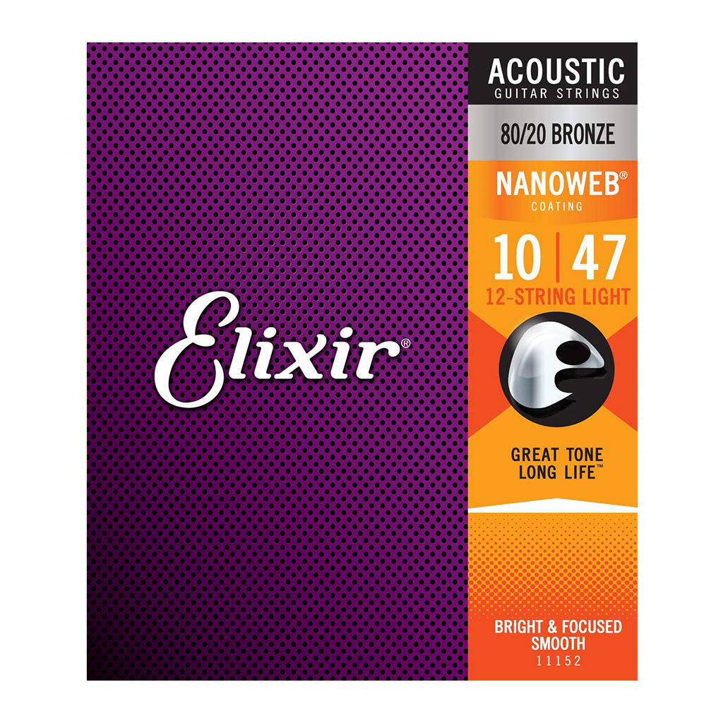 Elixir 11152 - Nanoweb 80/20 Bronze Light 10-47 - 12-String Acoustic Guitar Strings