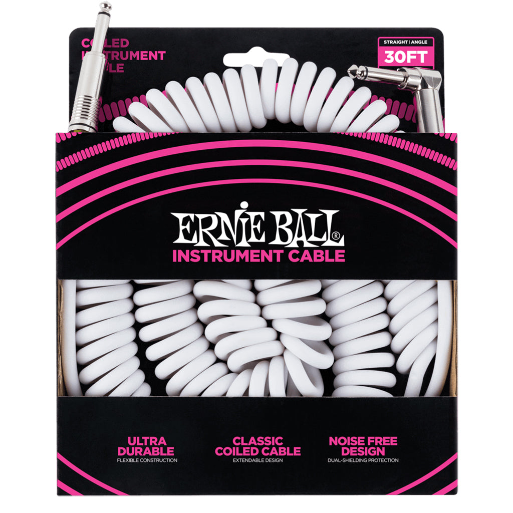Ernie Ball Coiled Straight/Angle Instrument Cable - White - 30ft