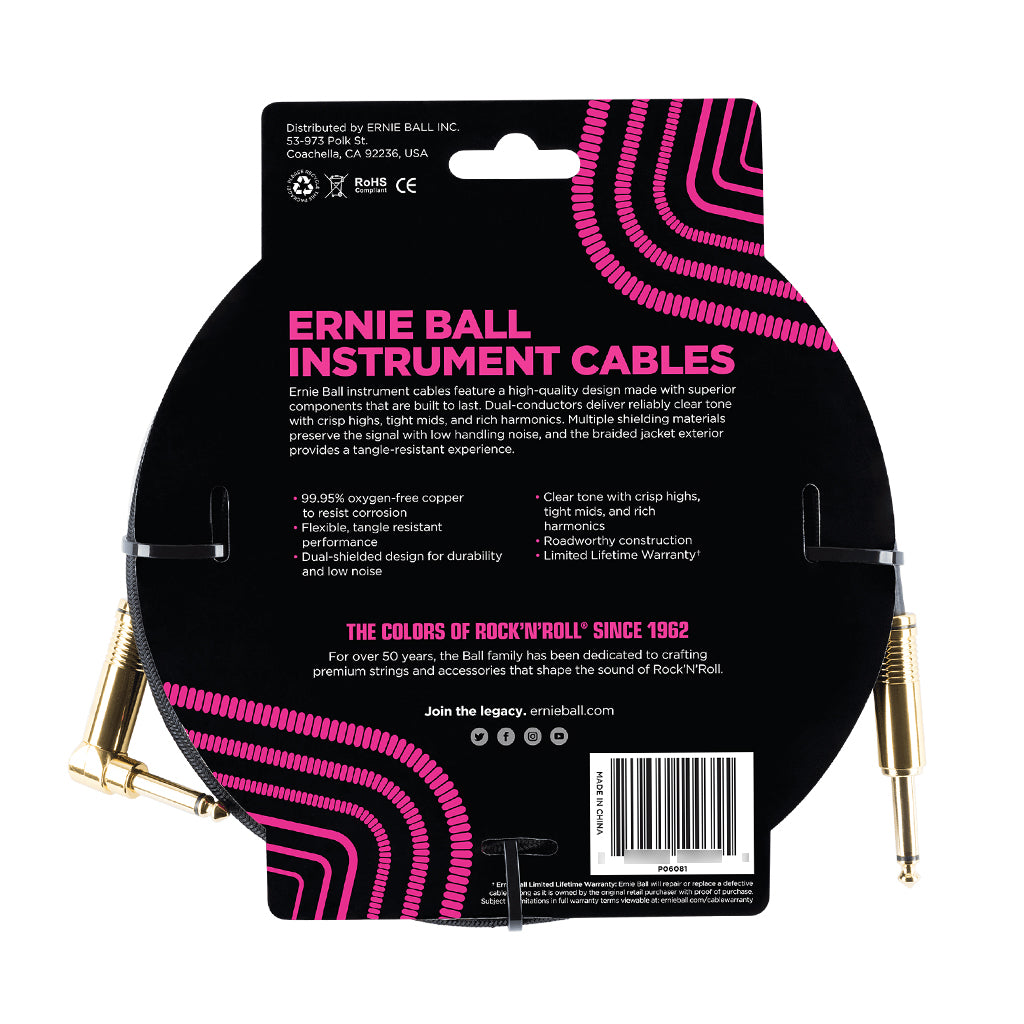 Ernie Ball 10 Black Braided Guitar Cable Straight Angle