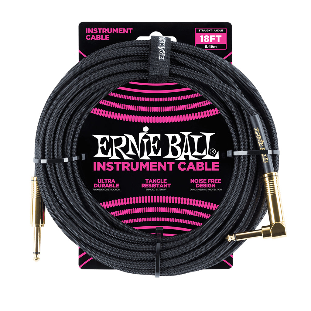 Ernie Ball 18 Black Braided Guitar Cable Straight Angle