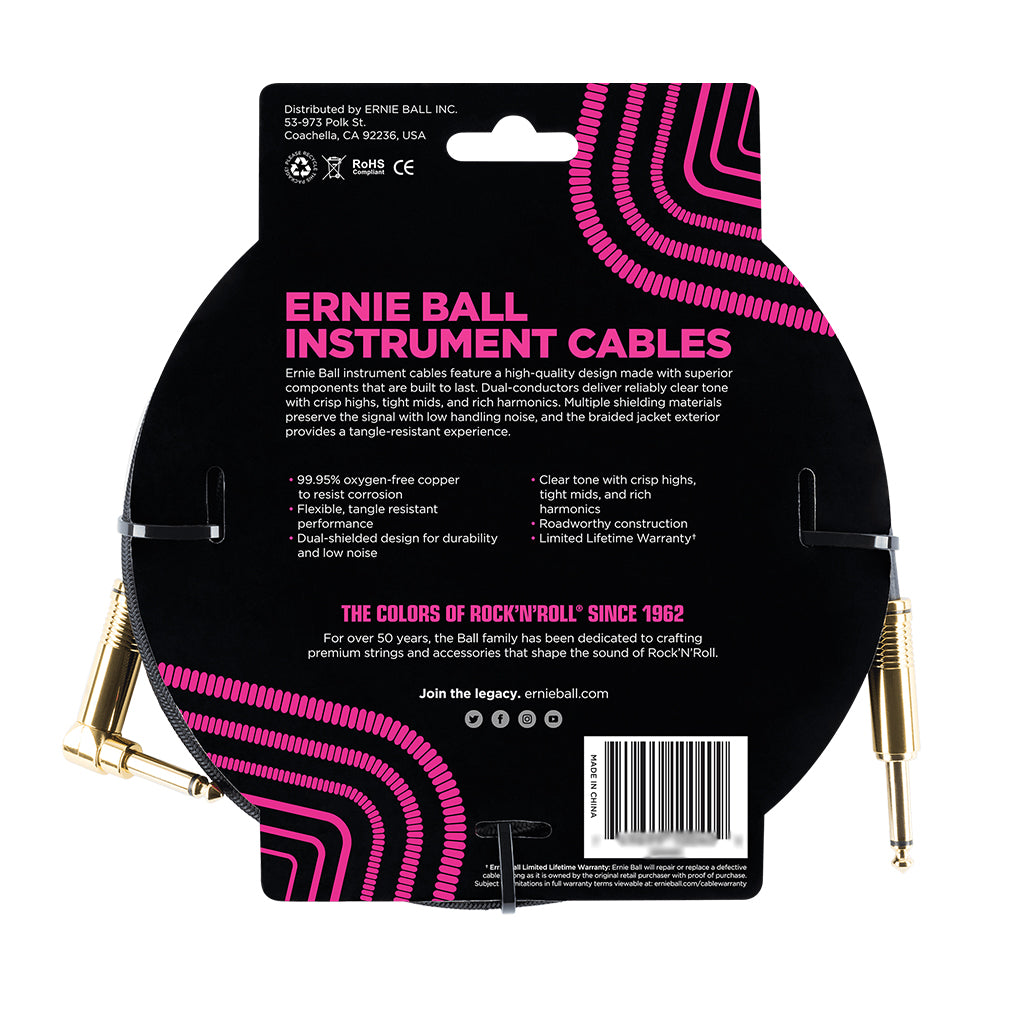 Ernie Ball 18 Black Braided Guitar Cable Straight Angle