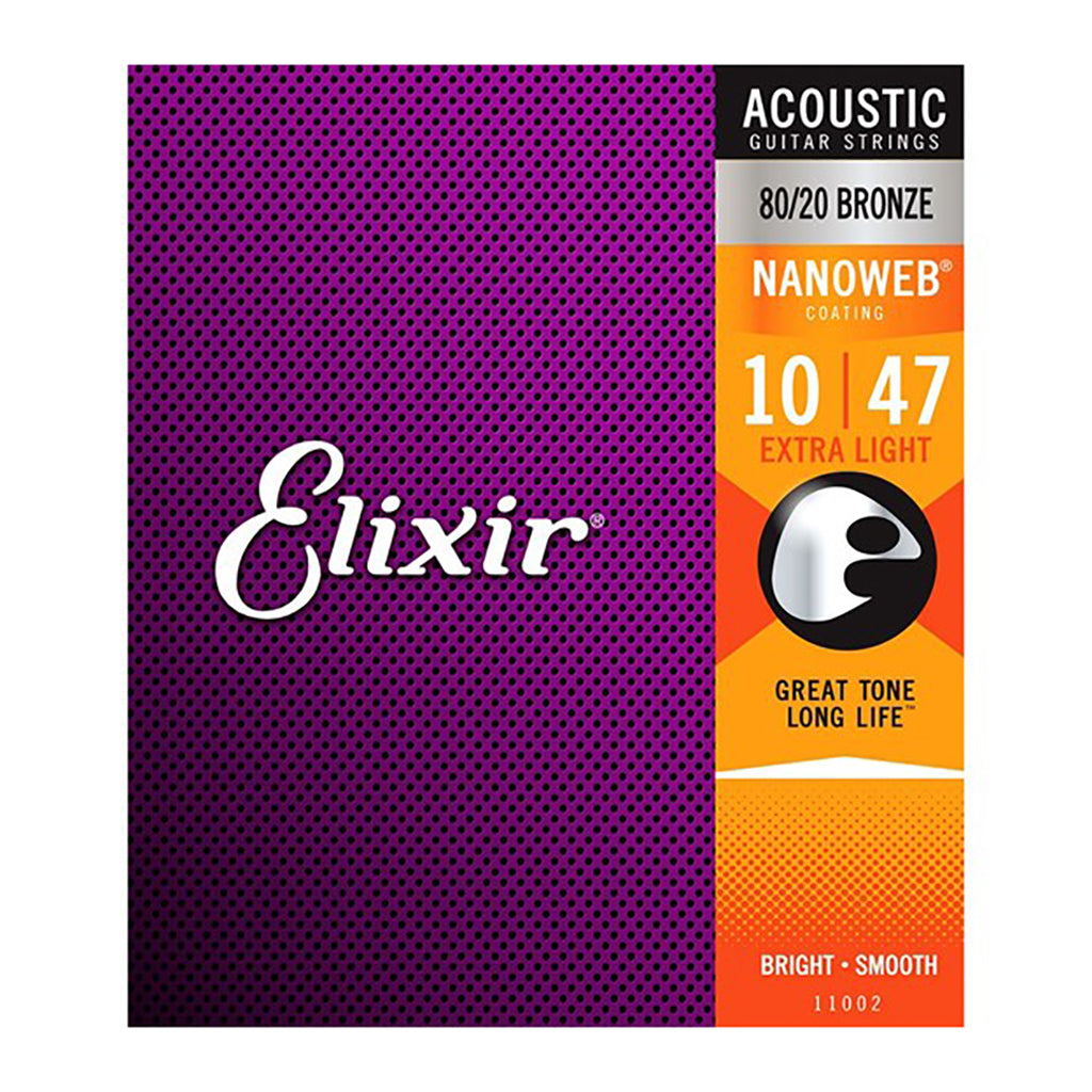 Elixir - 11002 - Nanoweb 80/20 Extra Light 10-47 Acoustic Guitar Strings