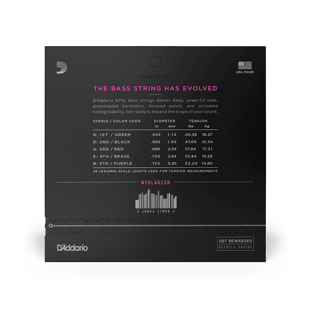D'Addario - NYXL45130 - Nickel Wound Bass Guitar Strings, 5-string Regular Light, 45-130, Long Scale