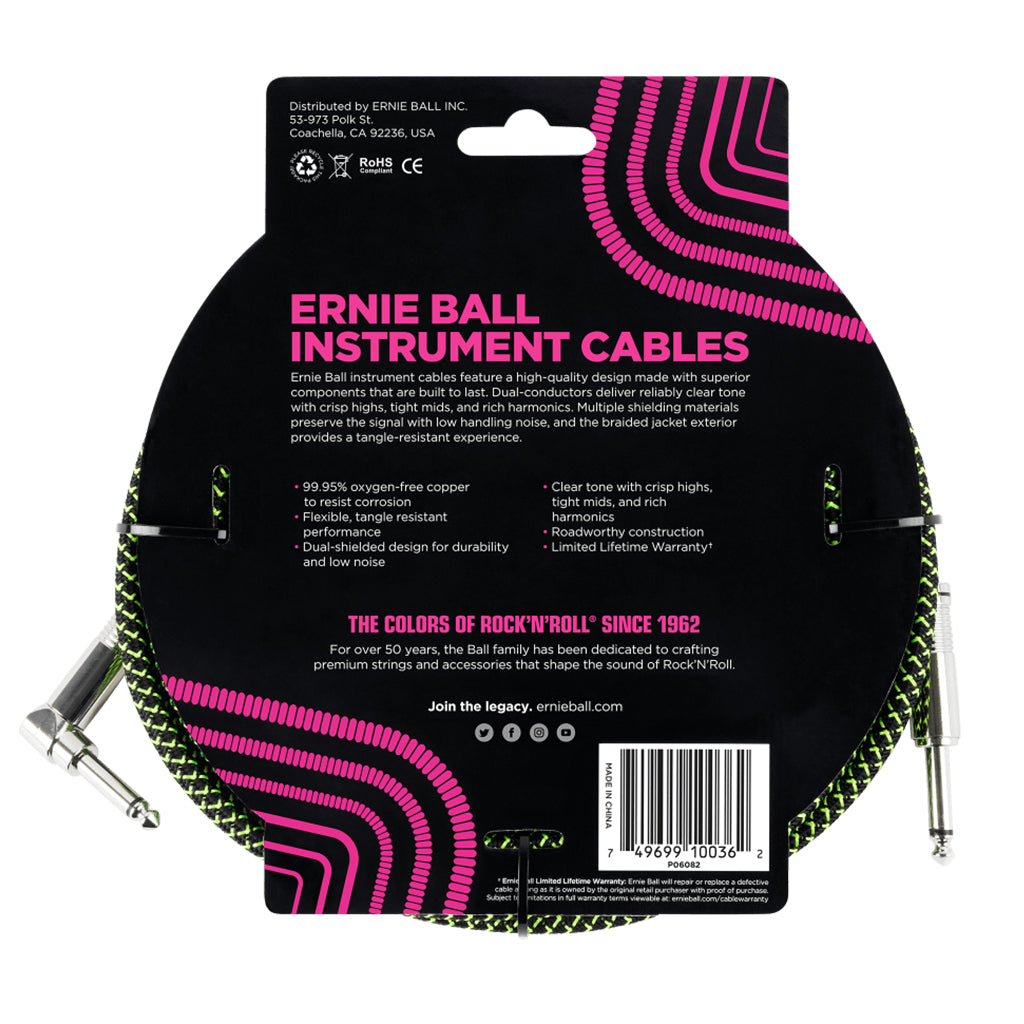 Ernie Ball E6082 Braided Instrument Cable 18' S/A Black Green