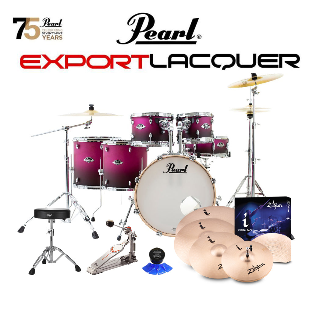 Pearl - Export Lacquer EXL 22&quot; Fusion Plus Kit - Package with Zildjian Cymbals (I Series) &amp; Hardware (Free 14&quot; Floor Tom) - Raspberry Sunset