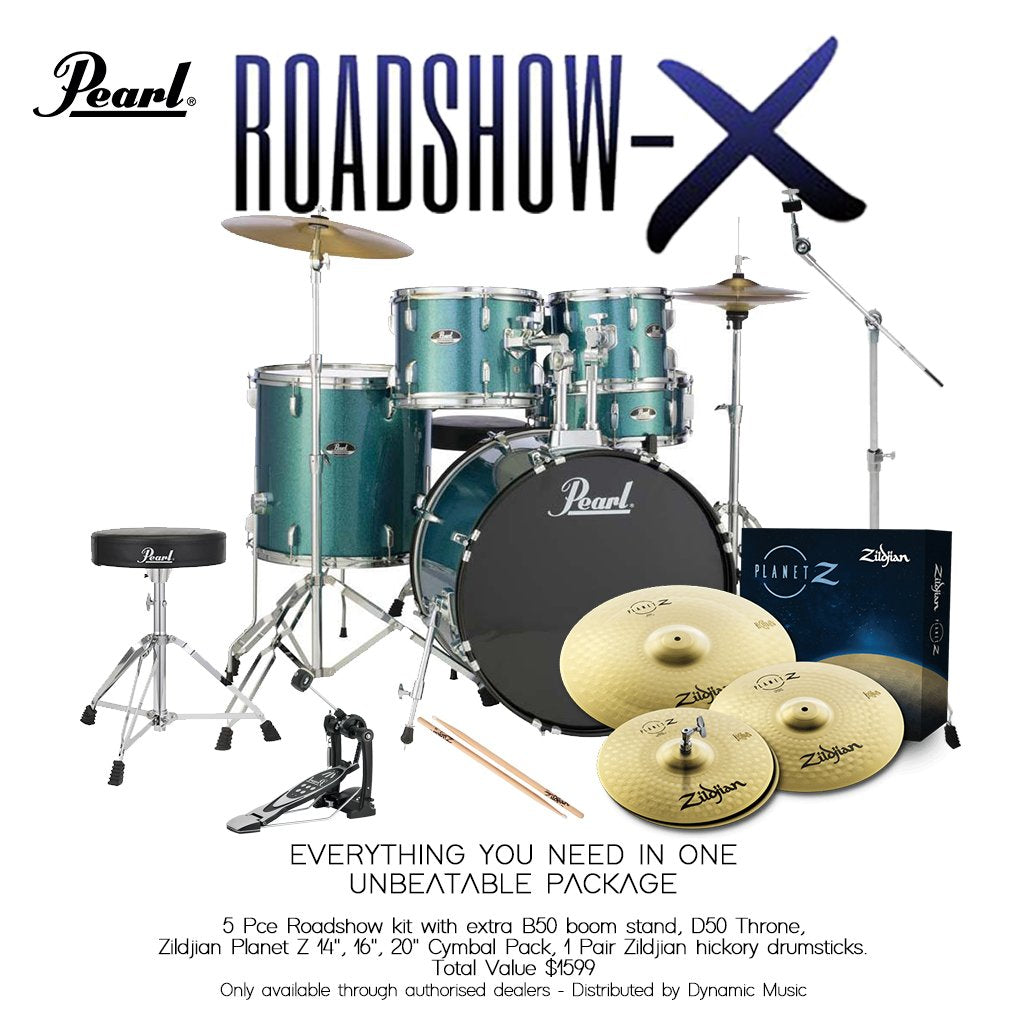 Pearl - Roadshow X 22&quot; 5-Piece Drum Kit Package with Zildjian Cymbals &amp; Hardware - Aqua Blue Glitter