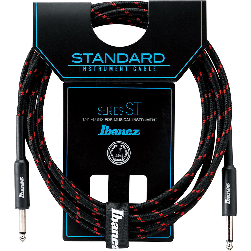 Ibanez SI10 BW Woven Guitar Cable w 2 Straight Plugs 10ft Black Wine Red