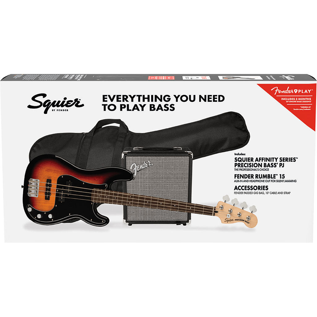 Squier Affinity Series Precision Bass PJ Pack Laurel Fingerboard 3 Color Sunburst Gig Bag Rumble 15 240V AU
