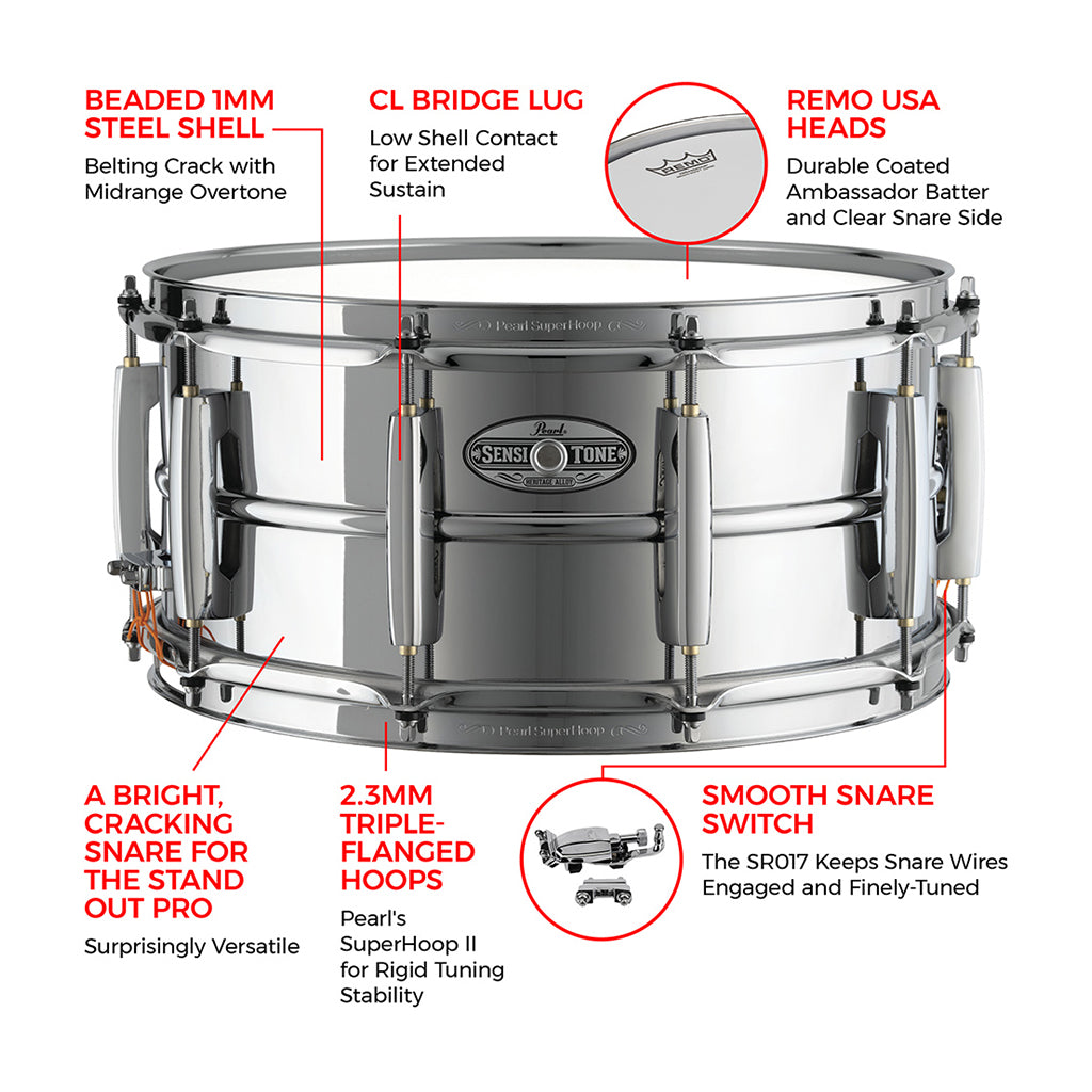 Pearl 14x6.5 Sensitone Heritage Alloy Snare Drum - Steel